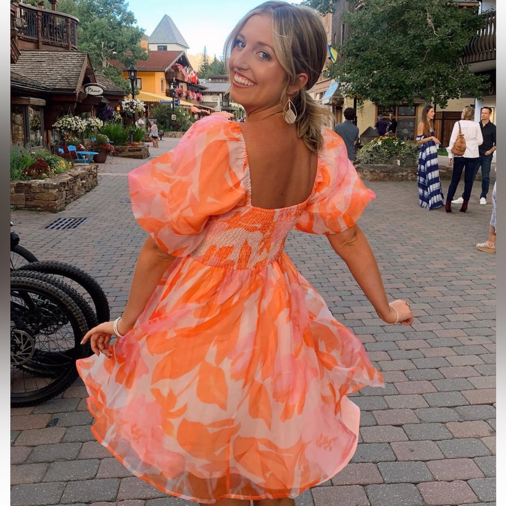 Vici Coral and Pink Puff Sleeve Floral Mini Dress